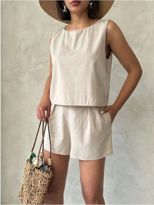 Caddebostan Moda Fiyonk Taş Baskılı Kolsuz Bluz Şık Bisiklet Yaka Üst