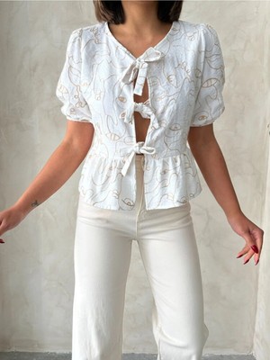 Caddebostan Moda Önden Bağlamalı Nakışlı Peplum Bluz Balon Kol Desenli Şık Bluz