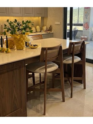 Silla Concept 4'lü Zion Bar Sandalyesi Teddy Krem Kumaş Hasırlı Ceviz Ahşap Ada Sandalyesi (4 Adet)