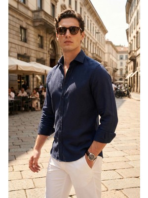 Buratti Pamuk ve Keten Karışımlı Regular Fit Klasik Yaka Uzun Kollu Gömlek Erkek Gömlek CF26S1210134