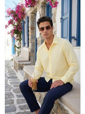 Buratti Pamuk ve Keten Karışımlı Regular Fit Klasik Yaka Uzun Kollu Gömlek Erkek Gömlek CF26S1210134