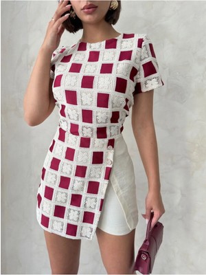 Caddebostan Moda Kadın Kısa Kollu Dama Desenli Tığ Işi Örgü Detaylı Bluz