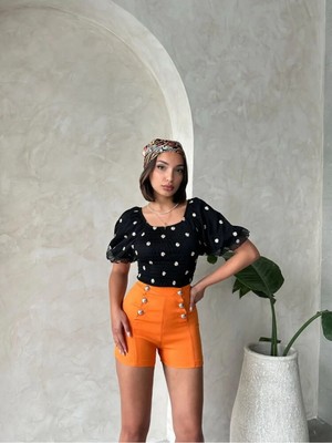 Caddebostan Moda Papatya Desenli Gipe Detaylı Balon Kol Şifon Bluz