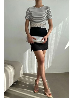Caddebostan Moda Kadın Çizgili Dantel Detaylı Kısa Kollu Crop Bluz