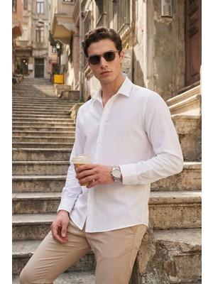 Buratti Pamuk ve Keten Karışımlı Regular Fit Klasik Yaka Uzun Kollu Gömlek Erkek Gömlek CF26S1210134