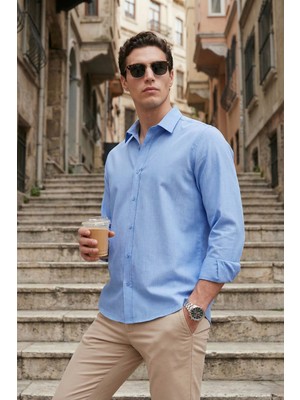 Buratti Pamuk ve Keten Karışımlı Regular Fit Klasik Yaka Uzun Kollu Gömlek Erkek Gömlek CF26S1210134