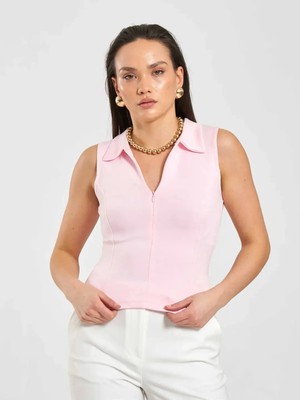 Caddebostan Moda Kadın Önü Fermuarlı Yakalı Örme Kolsuz Body Çıtçıtlı Bodysuit