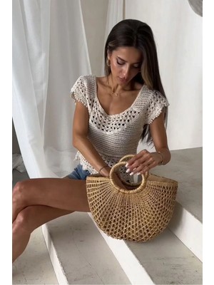 Caddebostan Moda Kadın Güpürlü Örgü Detaylı Kısa Kollu Bohem Bluz