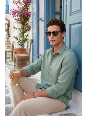 Buratti Pamuk ve Keten Karışımlı Regular Fit Klasik Yaka Uzun Kollu Gömlek Erkek Gömlek CF26S1210134