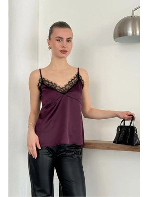 Caddebostan Moda Mürdüm Dantel Detaylı Saten Atlet Bluz Modern Premium Luxury Trend Tasarım Bluz