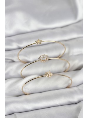 Ayder Timya Zirkon Taşlı Gold Renk Tek Taş Model 3'lü Kadın Bileklik Kombini - TJ-BB8351 TG/Tmy230449