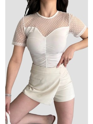 Caddebostan Moda Omzu Kolü Tüllü Önü Büzgülü Detay Crep Kadın Şık Crop Beyaz Bluz