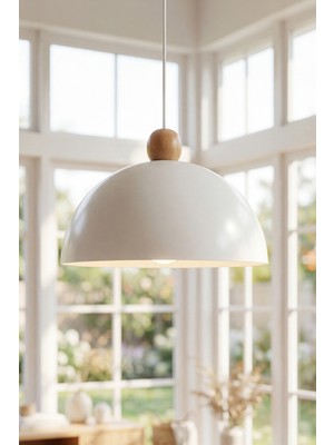 Marrien Luna Bohem Ahşap Boncuklu Beyaz Metal Sarkıt (30 Cm) Yemek Masası Üstü Avize Salon Aydınlatması