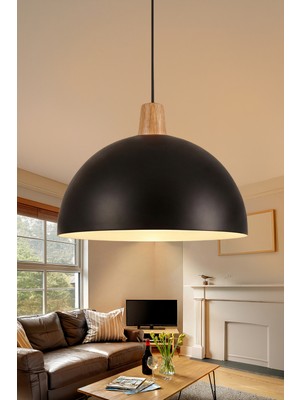 Marrien Luna Bohem Ahşap Siyah Metal Sarkıt (30 cm) Yemek Masası Üstü Avize Mutfak & Salon Aydınlatması