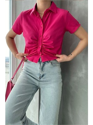 Caddebostan Moda Kadın Önü Büzgülü Kısa Kollu Gömlek Yaka Crop Bluz