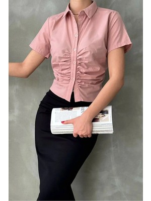 Caddebostan Moda Kadın Önü Büzgülü Kısa Kollu Gömlek Yaka Crop Bluz