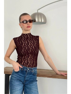 Caddebostan Moda Kahverengi Sıfır Kol Dantel Bluz Modern Premium Luxury Trend Tasarım Bluz