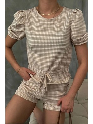 Caddebostan Moda Kadın Beli Gipeli Bağcıklı Pıtıkareli Balon Kol Bluz