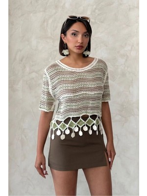 Caddebostan Moda Kadın Ponpon Detaylı File Örgü Crop Bluz Bohem Çizgili Kısa Kollu Triko Üst