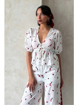 Caddebostan Moda Nakışlı Vual Bluz V Yaka Balon Kol Beli Bağlamalı Peplum Bluz