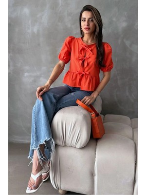 Essence Bouteille Önden Bağlamalı Balon Kol Poplin Bluz