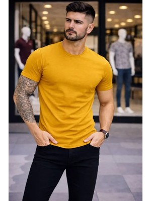 ModaSize Erkek T-Shirt Bisiklet Yaka Slim Fit Dar Kesim Likralı Tişört Günlük Basic Body - Limon
