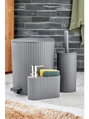 Feyza Design 3 Parça Banyo Seti: Çizgili Yuvarlak Çöp Kovası, Wc Fırçası, Süngerlik