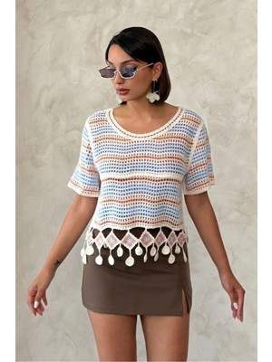 Caddebostan Moda Kadın Ponpon Detaylı File Örgü Crop Bluz Bohem Çizgili Kısa Kollu Triko Üst