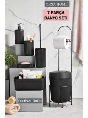 Feyza Design 7 Parça Siyah Banyo Seti, Metal Stantlı, Şık ve Kullanışlı Tasarım