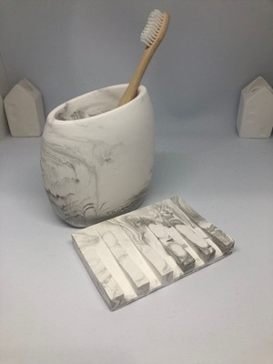 Feyza Design Mermer Desenli Beton Diş Firçalama ve Sabunluk Seti, Şık ve Dayanıklı