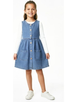 Modanino Kız Çocuk 2'li Jean Elbise (Çift Cepli Jean ELBISE+BLUZ)12533