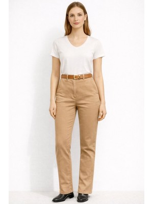 CGA Kadın Spor Pantolon Gabardin Kahverengi Pantolon Beli Kemerli Licralı Gabardin Pantolon