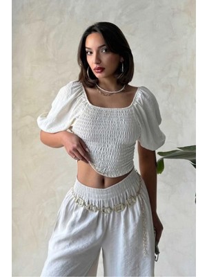 Caddebostan Moda Çizgili Gipeli Madon Yaka Crop Bluz ve Şort Takımı