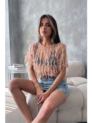 Caddebostan Moda Kadın Simli Saçaklı Tül Bluz Şık Transparan Kısa Kollu Davet Üstü