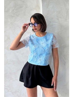 Caddebostan Moda Kadın Boncuk Işlemeli Çiçek Desenli Tül Detaylı Şık Bluz