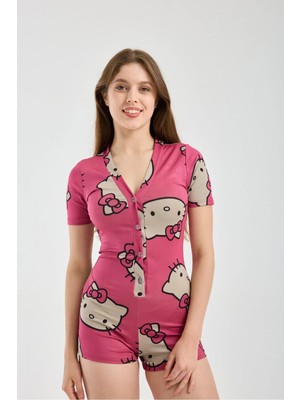 Win Moda Kadın Kısa Kol Basklı Düğmeli Hello Kitiy ve Ayı Desenli  Esnek Kumaş Pijama Tulum