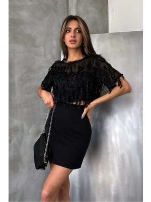 Caddebostan Moda Kadın Simli Saçaklı Tül Bluz Şık Transparan Kısa Kollu Davet Üstü