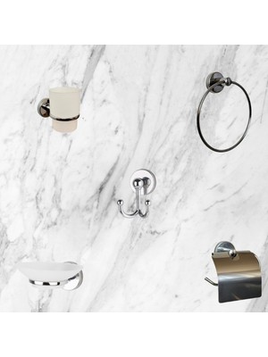 Feyza Design Krom 5'li Banyo Seti: Diş Fırçalık, Sabunluk, Çatal Askı, Tuvalet Kağıtlık, Havluluk