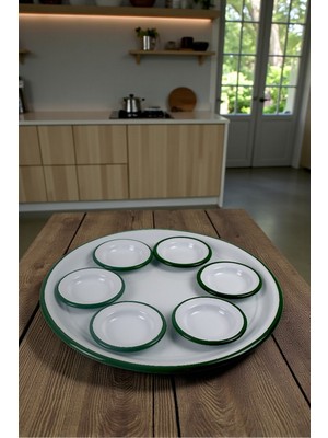 İnci Emaye 7 Parça Yeşil-Beyaz Büyükboy Beyaz Emaye Kahvaltı Seti, Sunum, Kahvaltı Tabağı, Reçellik, Çeyiz