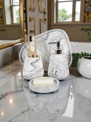 Feyza Design 4’lü Mermer Desenli Beton Banyo Seti, Sıvı Sabunluk ve Diş Fırçalığı