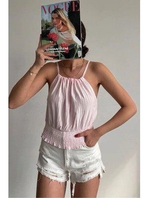 Caddebostan Moda Çizgili Boyundan Bağlamalı Beli Lastikli Gipe Detaylı Crop Bluz