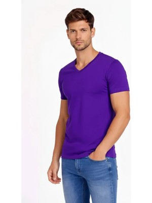 ModaSize Erkek T-Shirt V Yaka Slim Fit Dar Kesim Likralı Tişört Günlük Basic Body - Mor