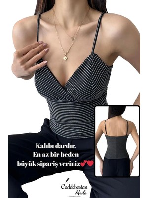 Caddebostan Moda Ip Askılı V Yaka Çizgili Kadın Kruvaze Yaka Crop Bluz