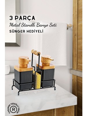 Feyza Design Metal Standlı Siyah Ahşap Detaylı Banyo Temizlik Seti, Sünger Hediye
