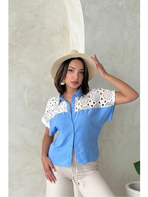 Caddebostan Moda Kadın Göğüs Güpür Detaylı Kısa Kollu Düğmeli Keten Bluz