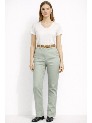 CGA Kadın Pantolon Haki Likralı Beli Kemerli Licralı Gabardin Pantolon