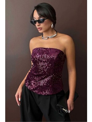 Caddebostan Moda Mürdüm Straplez Pullu Arkadan Fermuarlı Bluz Modern Premium Luxury Trend Tasarım Bluz