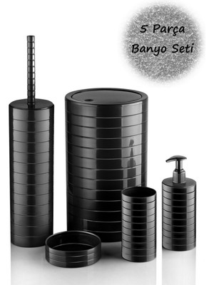 Feyza Design Pratik Siyah 5'li Banyo Seti: Çöp Kovası, Diş Fırçalık, Sıvı Sabunluk