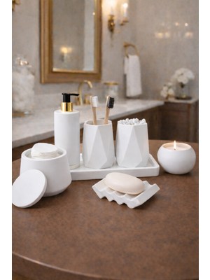Feyza Design Minimal Beyaz Taş Tozu Banyo Aksesuar Seti, Şık ve Fonksiyonel Dekor