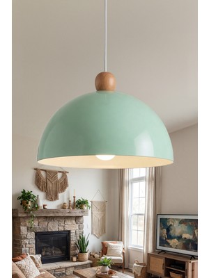 Marrien Luna Bohem Ahşap Boncuklu Mint Yeşili Metal Sarkıt (30 cm)  Yemek Masası Üstü Avize